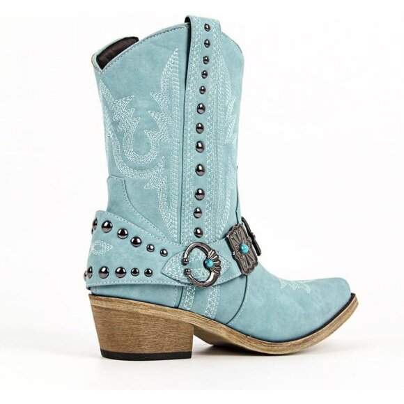 Women's Light Green Embroidery Pointed Toe Rodeo Western Ankle High Heel Boot - Picture 5 of 6